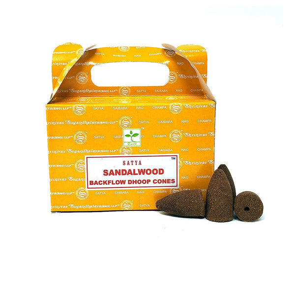 Satya Sandalwood Dhoop Backflow Cones for meditation, relaxation, and calming ambiance.