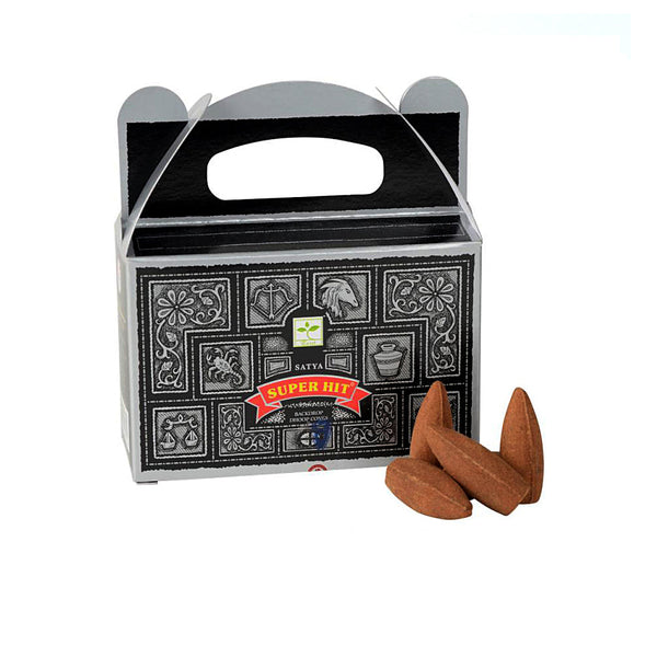 Satya Super Hit Dhoop Backflow Cones for a cascading smoke waterfall effect and serene ambiance.