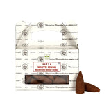 Satya White Musk Dhoop Backflow Cones for relaxation, meditation, and calming ambiance.