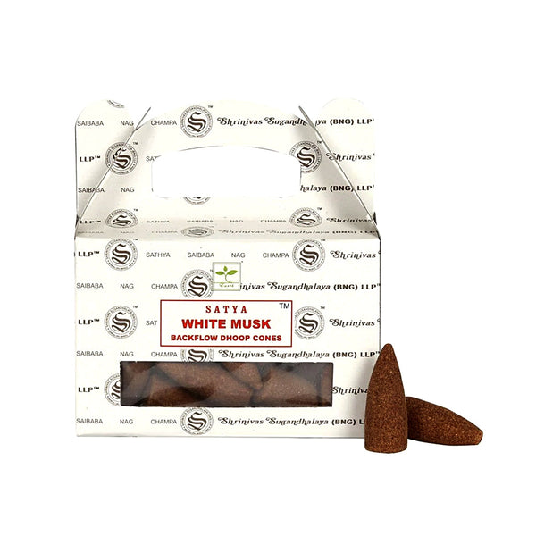 Satya White Musk Dhoop Backflow Cones for relaxation, meditation, and calming ambiance.