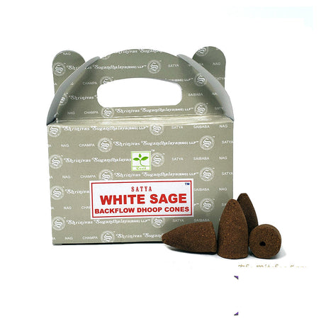Satya White Sage Dhoop Backflow Cones for cleansing rituals, meditation, and calming ambiance.