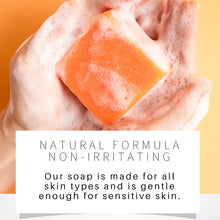 SAUVASINE Turmeric Handmade Soap orange bar for daily face and body brightening on yellow background.