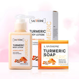 SAUVASINE Turmeric Handmade Soap and body lotion on gradient background for daily brightening routine.