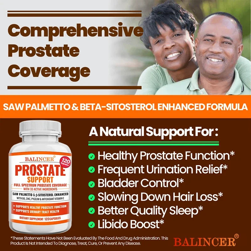 Saw Palmetto Prostate & Hair Growth Support formula bottle for men's prostate care, hair support, and daily nutritional supplementation.