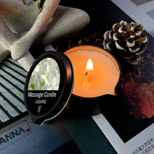 Scented massage candle oil in a glass jar for skin-softening massage, relaxation, and aromatherapy sessions.