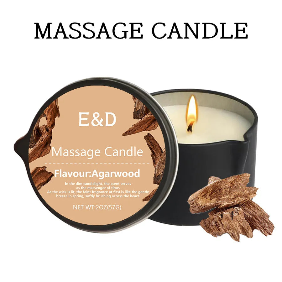 Scented massage oil candle for relaxation, intimate massage, and stress-relieving self-care moments.