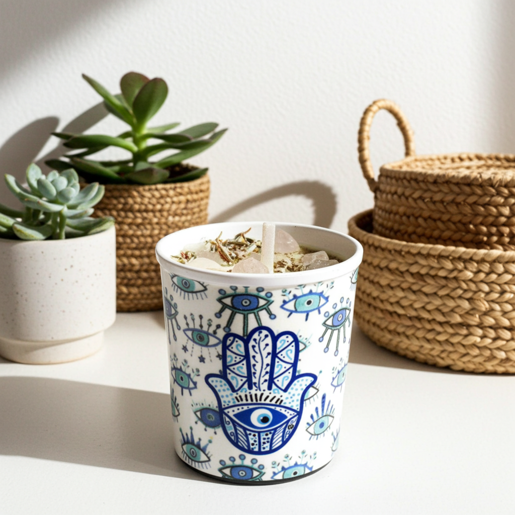 Hamsa Hand scented votive candle with herbs and crystal stones for prayer, intention setting, and ritual practice.