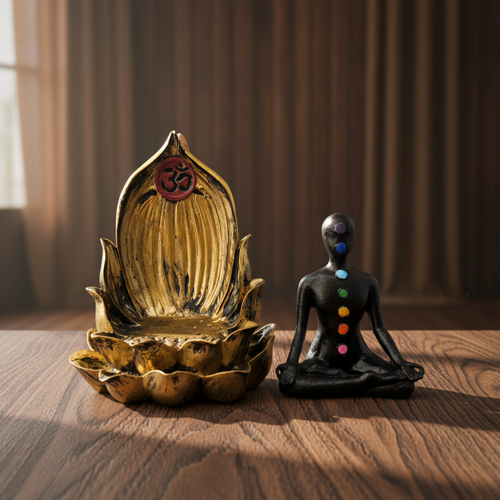 Seven Chakra backflow incense burner lit showing cascading incense smoke effect.