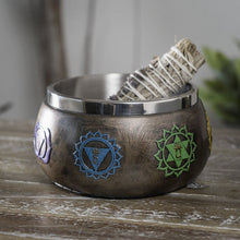 Seven Chakras Smudge Bowl close-up of stainless steel liner for safe sage and incense burning.