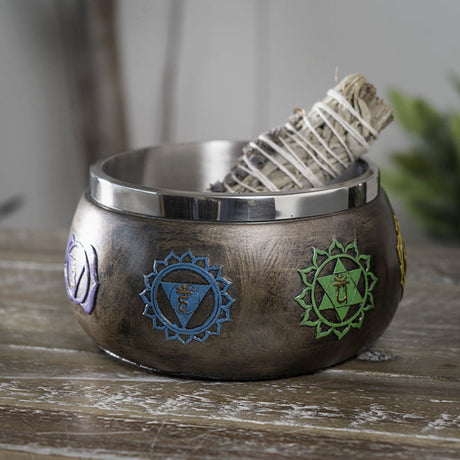 Seven Chakras Smudge Bowl close-up of stainless steel liner for safe sage and incense burning.