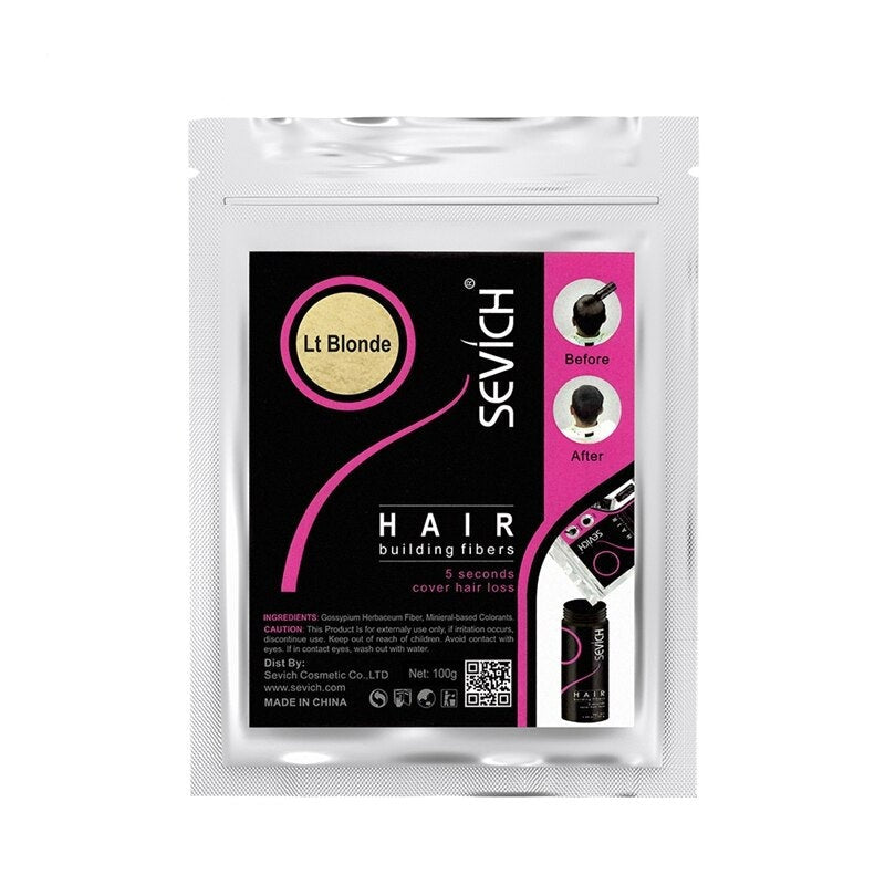 Sevich 100g Hair Fibers Refill key benefits and features highlighted.