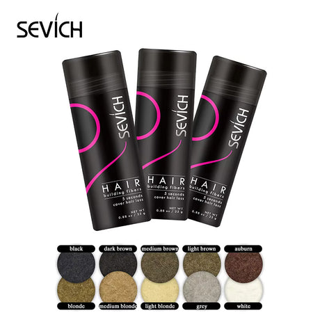 Sevich Hair Building Fibers bottle for concealing thinning hair and creating a fuller-looking hairstyle.
