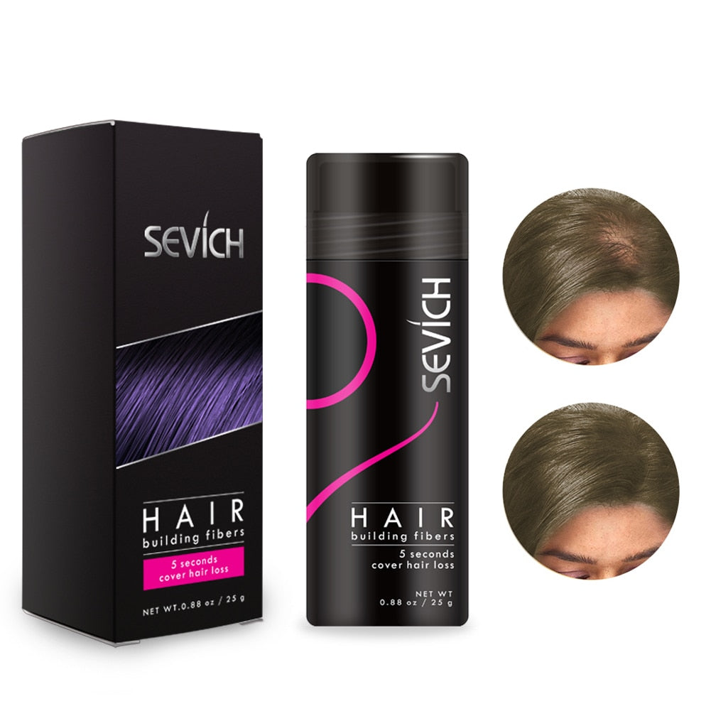 Sevich Hair Building Fibers Keratin shade guide showing 10 available color tones.