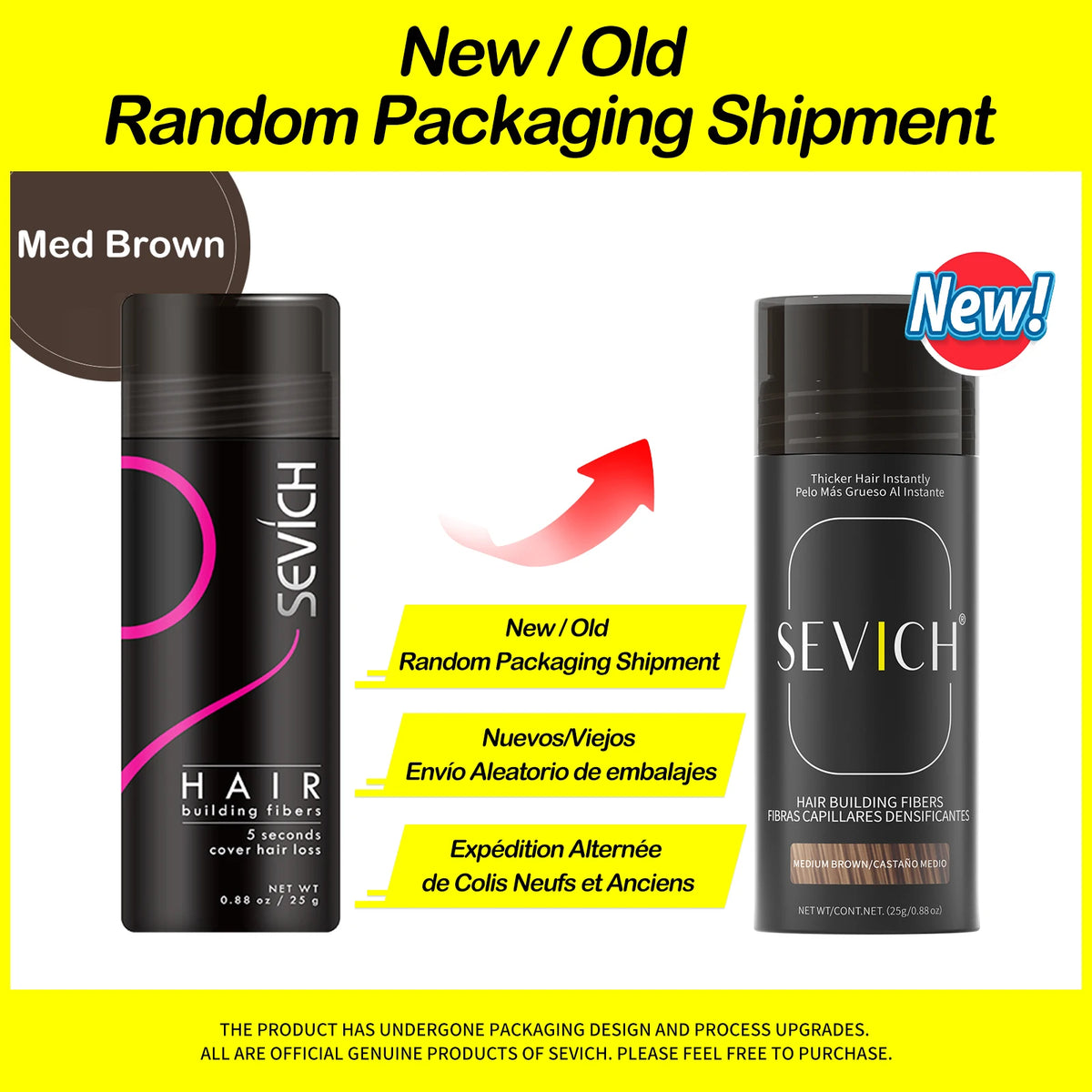 Sevich Hair Building Fibers new packaging update showing old and new bottle design on yellow background.