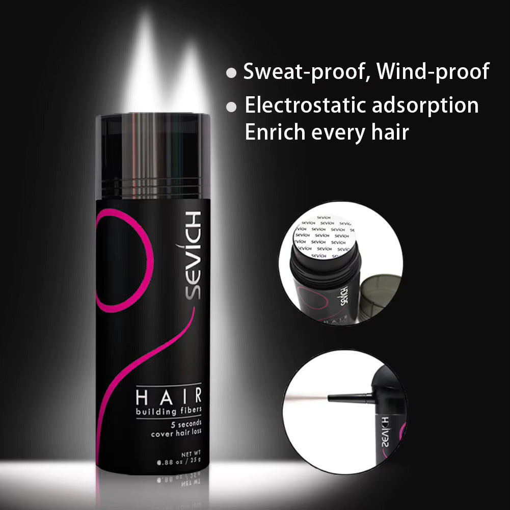 Sevich hair fiber powder bottle for covering sparse areas and adding the appearance of thicker hair.