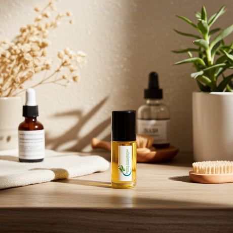 Sexy Dahlia Rush body oil bottle for moisturizing skin, softening dry areas, and daily body care.