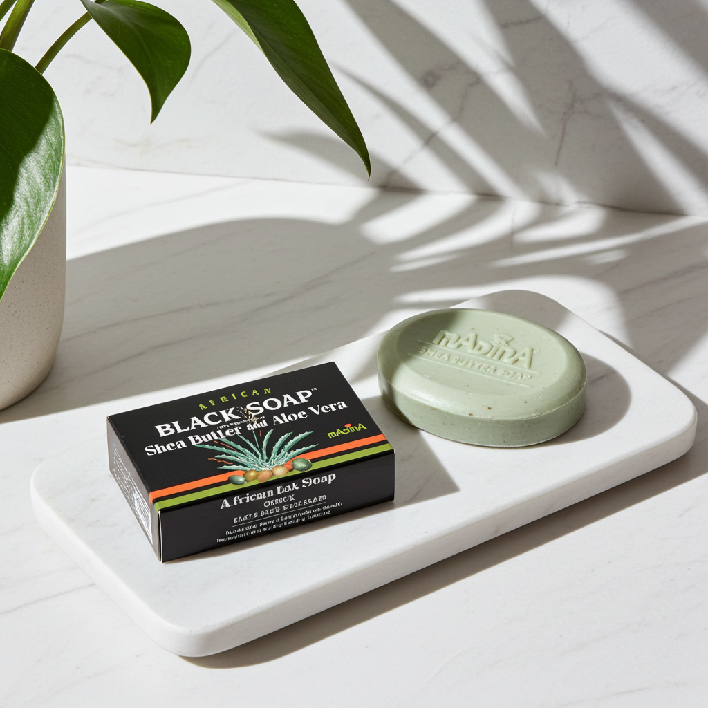 Shea butter and aloe vera African Black Soap bar for gentle skin cleansing, bathing, and everyday personal care.