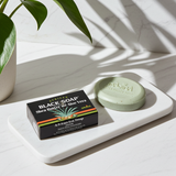 Shea butter and aloe vera African Black Soap bar for gentle skin cleansing, bathing, and everyday personal care.