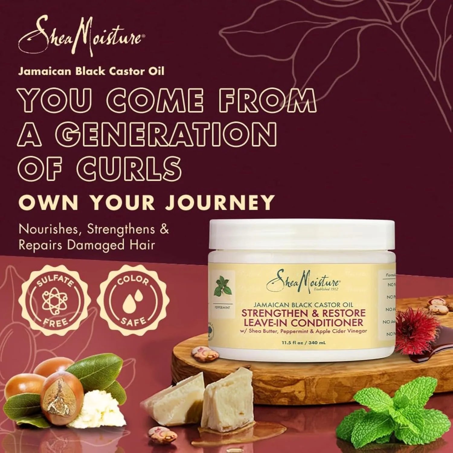 SheaMoisture Jamaican Black Castor Oil Leave-In Conditioner product with benefits text on red background.