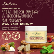 SheaMoisture Jamaican Black Castor Oil Leave-In Conditioner product with benefits text on red background.
