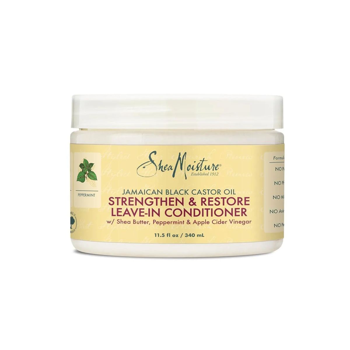 SheaMoisture Jamaican Black Castor Oil Strengthen and Restore Leave-In Conditioner jar on white background.