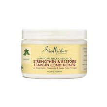 SheaMoisture Jamaican Black Castor Oil Strengthen and Restore Leave-In Conditioner jar on white background.