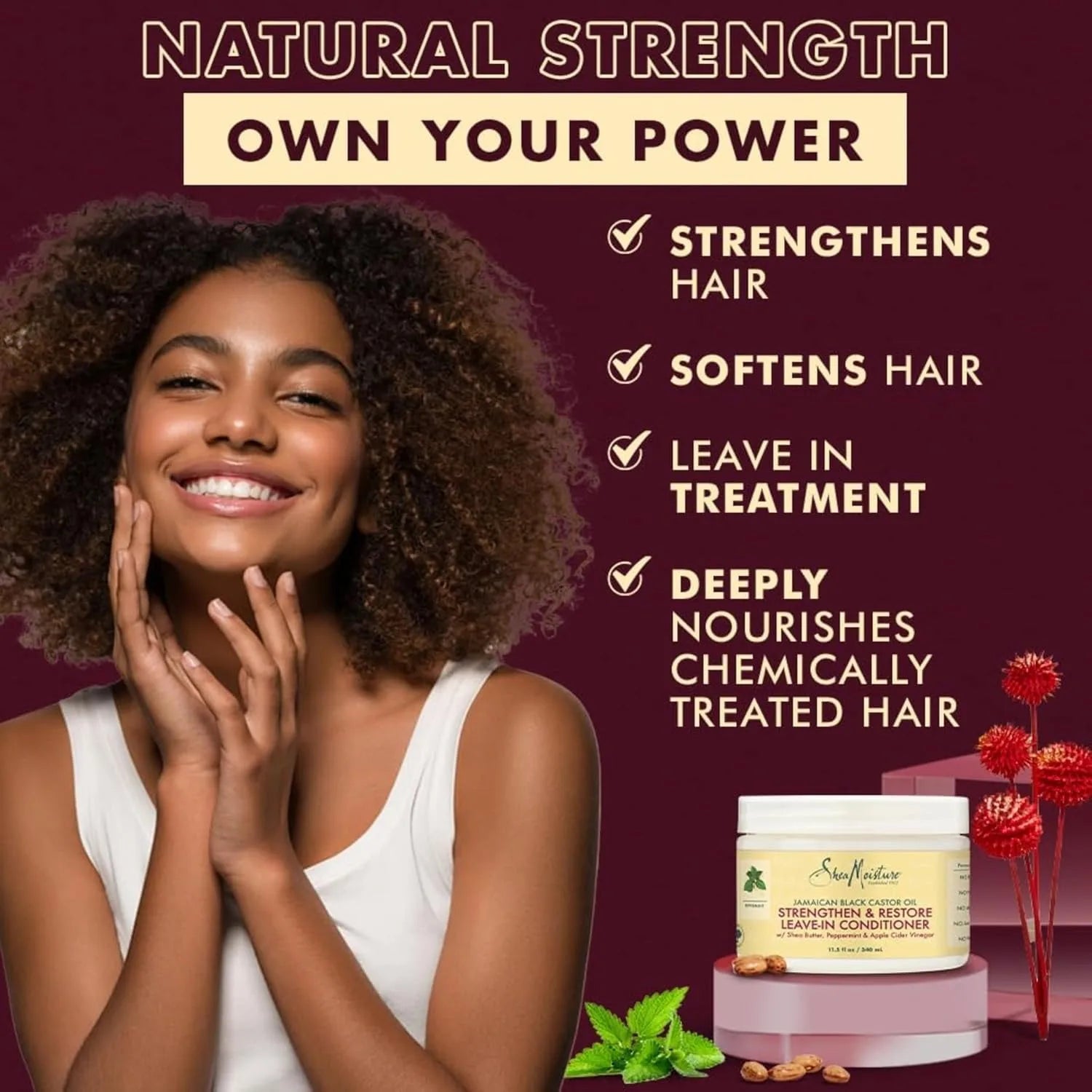 SheaMoisture Jamaican Black Castor Oil Leave-In Conditioner — woman with healthy hair and product benefits on maroon background.