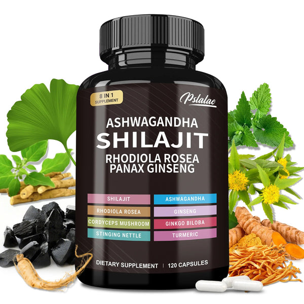 Shilajit & Adaptogen Energy Formula capsules bottle for daily energy support, stamina, and wellness supplementation.