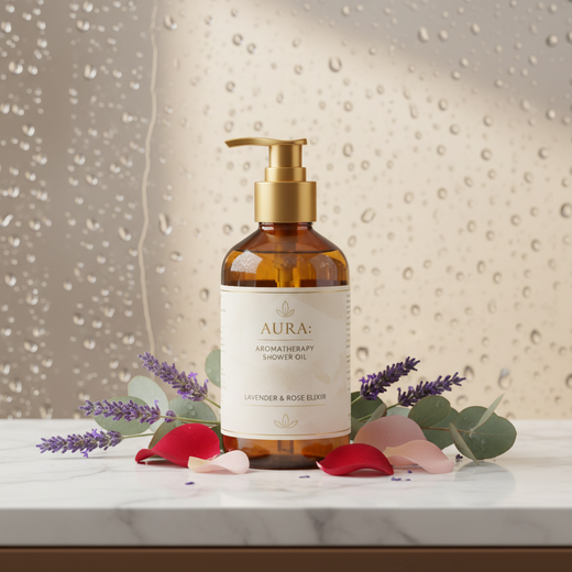 A bottle of AURA Lavender & Rose Elixir aromatherapy shower oil sits on a marble surface with lavender sprigs, eucalyptus leaves, and red rose petals, set against a warm beige background with water droplets.
