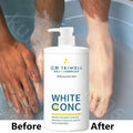 SI MI DA DANG Whitening Body Wash 550ml with before and after skin brightening comparison on foot.