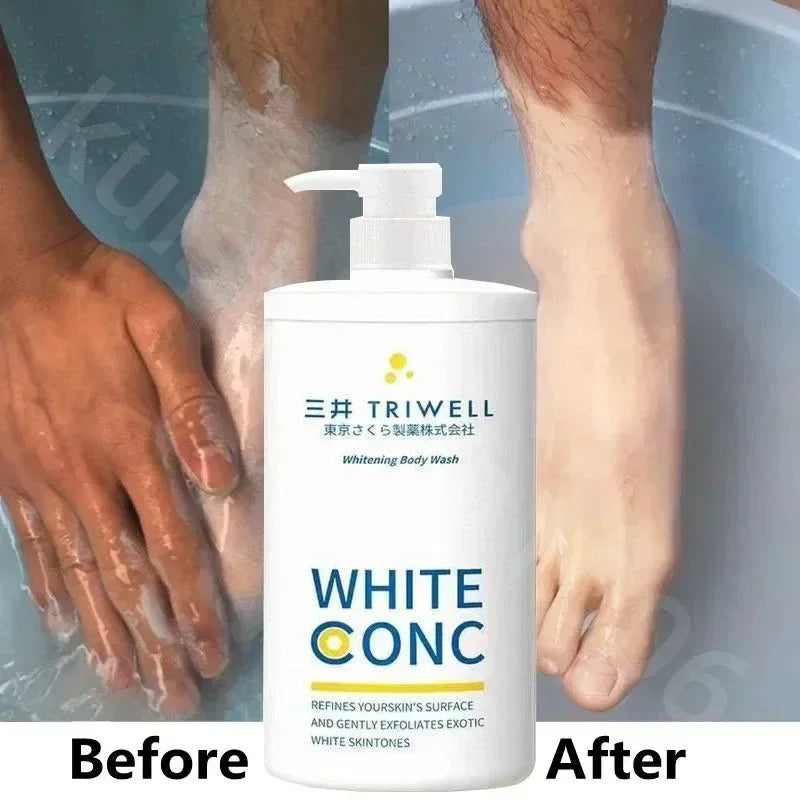 SI MI DA DANG Whitening Body Wash 550ml with before and after skin brightening comparison on foot.