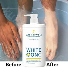 SI MI DA DANG Whitening Body Wash 550ml with before and after skin brightening comparison on foot.