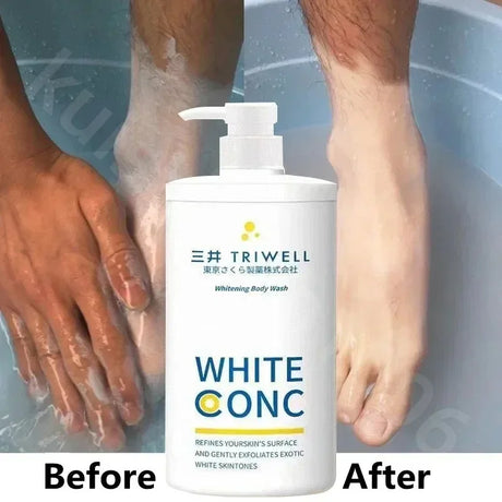SI MI DA DANG Whitening Body Wash 550ml with before and after skin brightening comparison on foot.