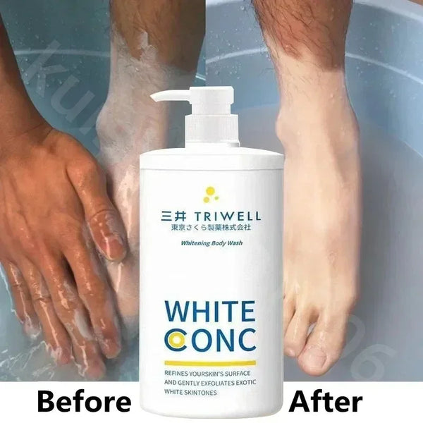 SI MI DA DANG Whitening Body Wash 550ml with before and after skin brightening comparison on foot.
