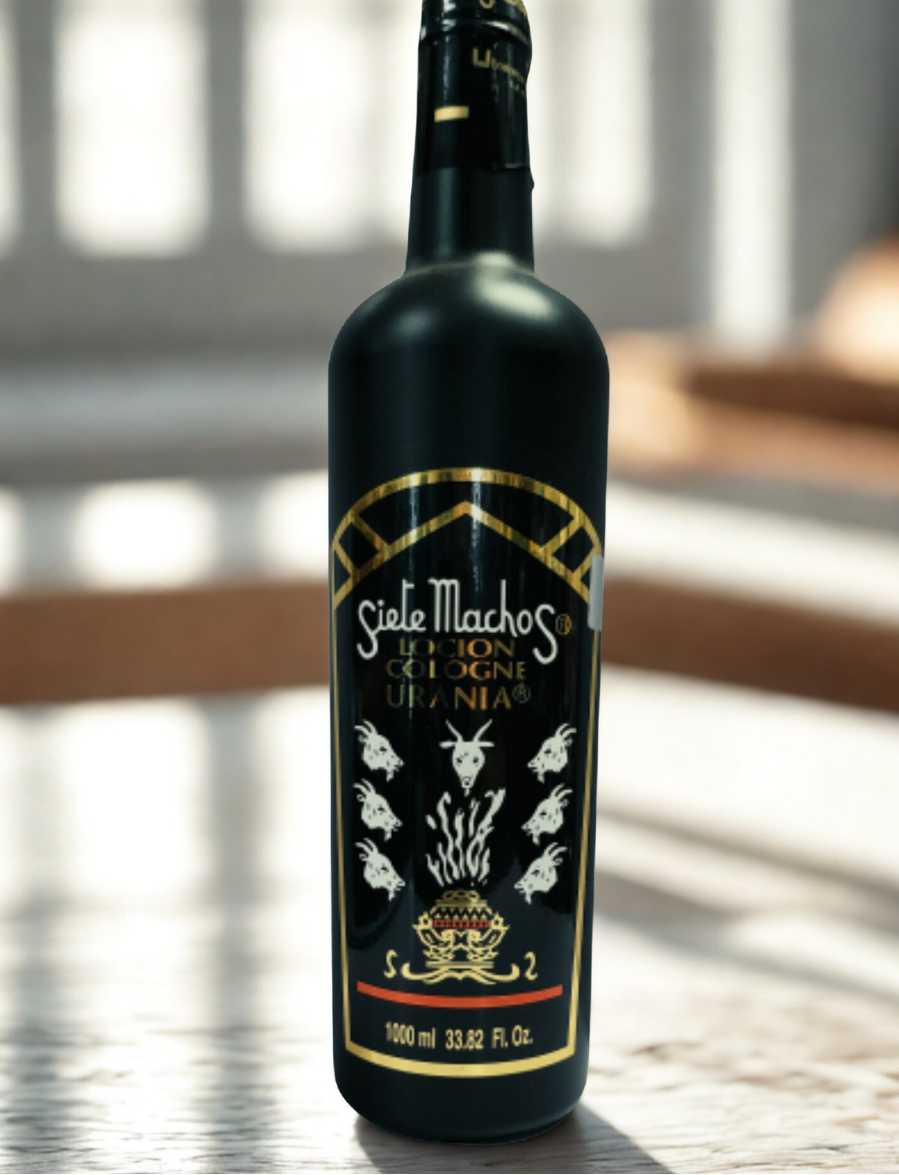 Urania Siete Machos cologne bottle for spiritual work, aura cleansing, and ceremonial use.