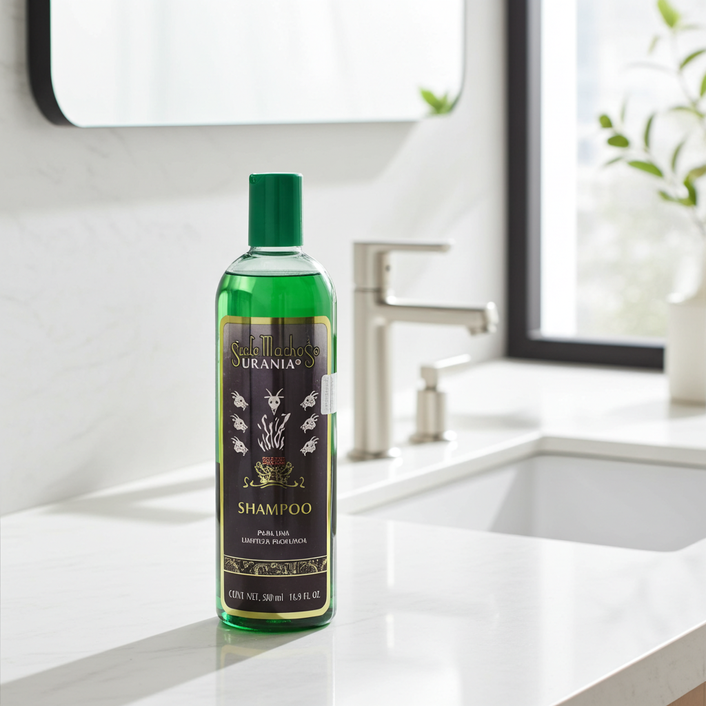 Urania Siete Machos shampoo bottle for hair cleansing, scalp refreshing, and everyday grooming use.