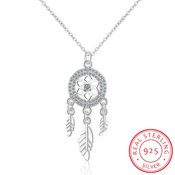 Silver Dreamcatcher Feather Pendant necklace for everyday wear, boho fashion styling, and gift giving.