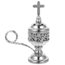 Silver metal cone incense burner with Middle Eastern design for incense cone burning, ceremonial use, and home scent enhancement.