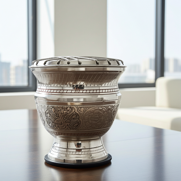 Silver Peacock carved brass screen charcoal burner for burning incense charcoal, resins, and aromatic blends.