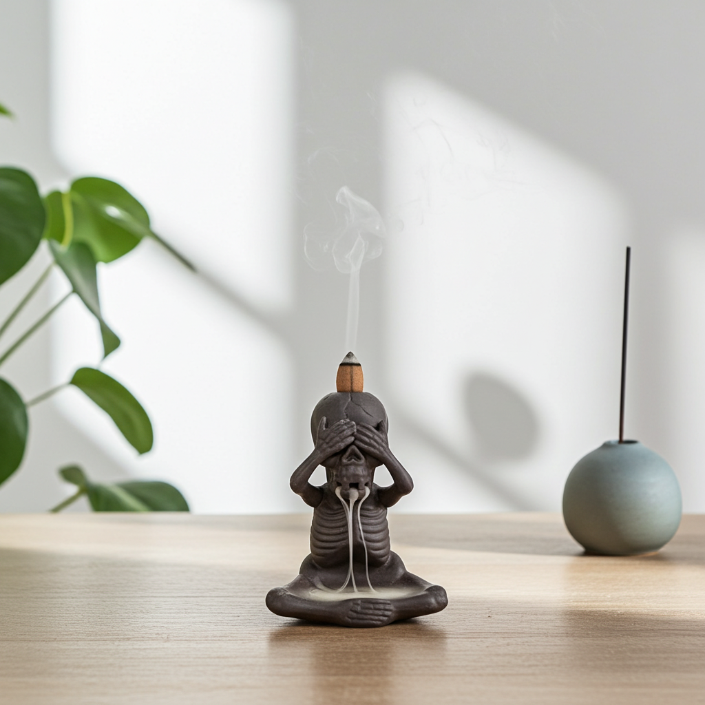 Skeleton Backflow Cone Burner with See No Evil, Hear No Evil, Speak No Evil design for incense burning, smoke flow display, and gothic home décor use.