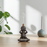 Skeleton Backflow Cone Burner with See No Evil, Hear No Evil, Speak No Evil design for incense burning, smoke flow display, and gothic home décor use.