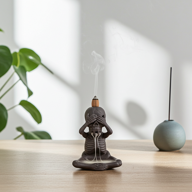 Skeleton Backflow Cone Burner with See No Evil, Hear No Evil, Speak No Evil design for incense burning, smoke flow display, and gothic home décor use.