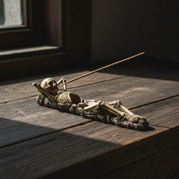 Skeleton incense holder for stick incense burning, altar decor, and gothic-themed styling.
