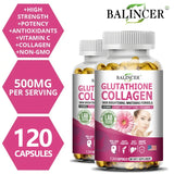 Skin brightening glutathione collagen supplement capsules in a bottle for supporting clearer-looking skin and collagen wellness use.