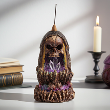 Skull and Crystal Cave Backflow Burner incense holder for creating a calming atmosphere, smoke waterfall display, and home meditation use.