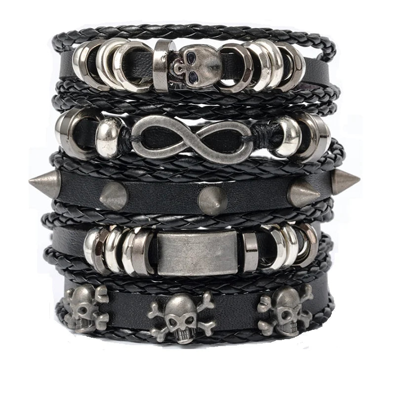 Skull and star black leather fashion bracelet for punk outfit styling, casual accessorizing, and gothic-inspired wear.