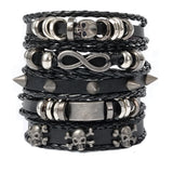 Skull and star black leather fashion bracelet for punk outfit styling, casual accessorizing, and gothic-inspired wear.