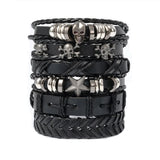 Skull and star multi-layer leather bracelet for edgy fashion styling, wrist accessorizing, and gothic streetwear outfits.