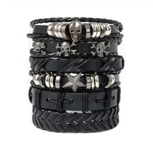 Skull and star multi-layer leather bracelet for edgy fashion styling, wrist accessorizing, and gothic streetwear outfits.