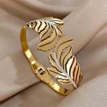 Slavena Gold Feather Rhinestone cuff bracelet for dressy styling, special occasions, and statement accessory wear.